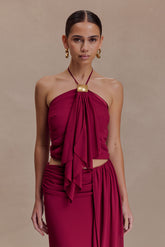Celina Chiffon Halter Top With Hardware - Cherry Red