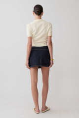 Loraine Mid Rise Denim Mini Skirt - Indigo Pinstripe