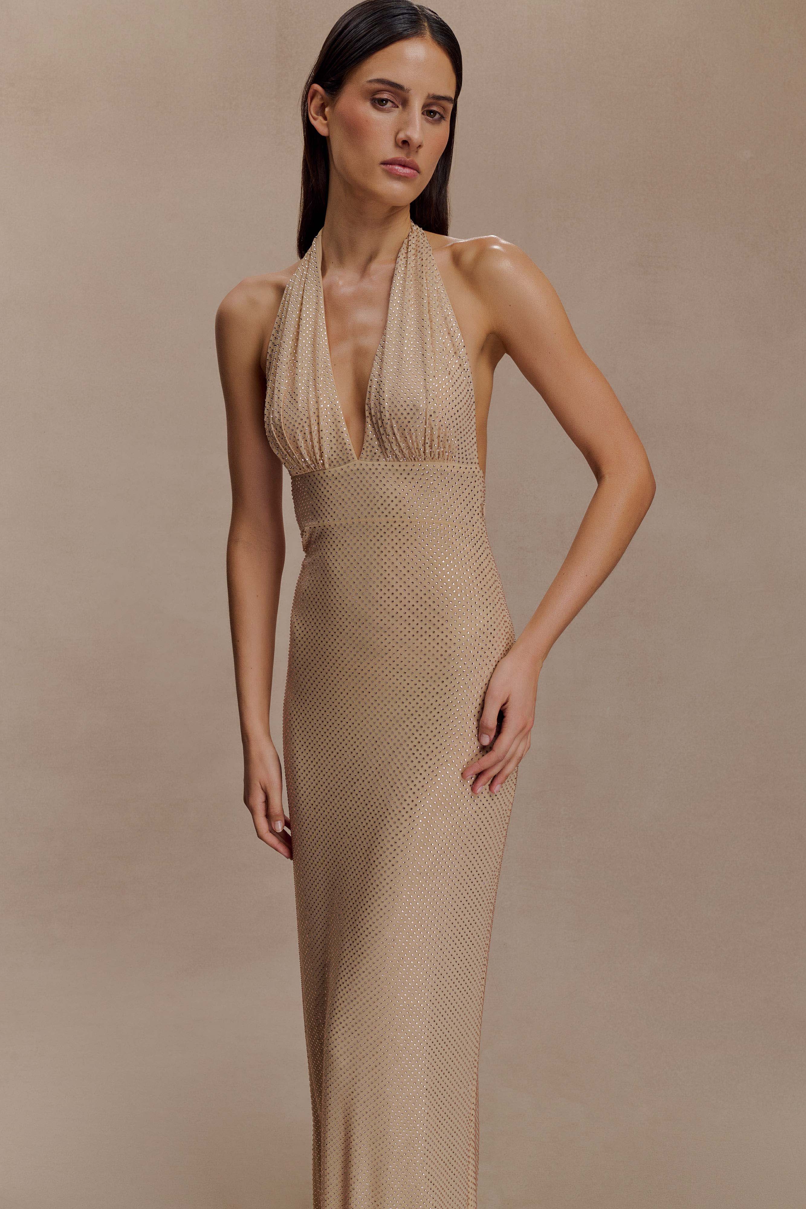 Harriet Halter Neck Diamante Maxi Dress - Sandy Gold