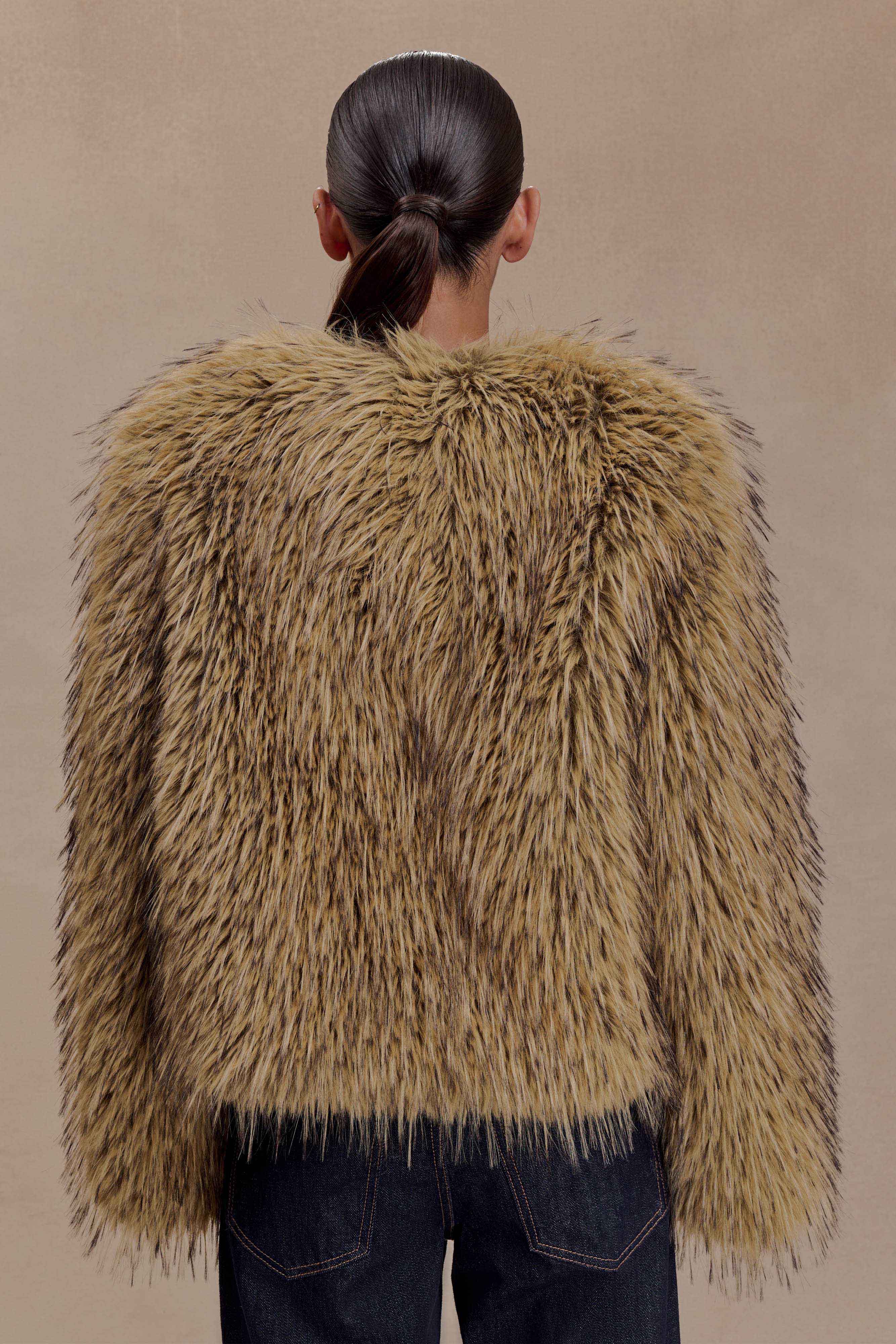 Ottie Mongolian Faux Fur Cropped Jacket - Brown Multi