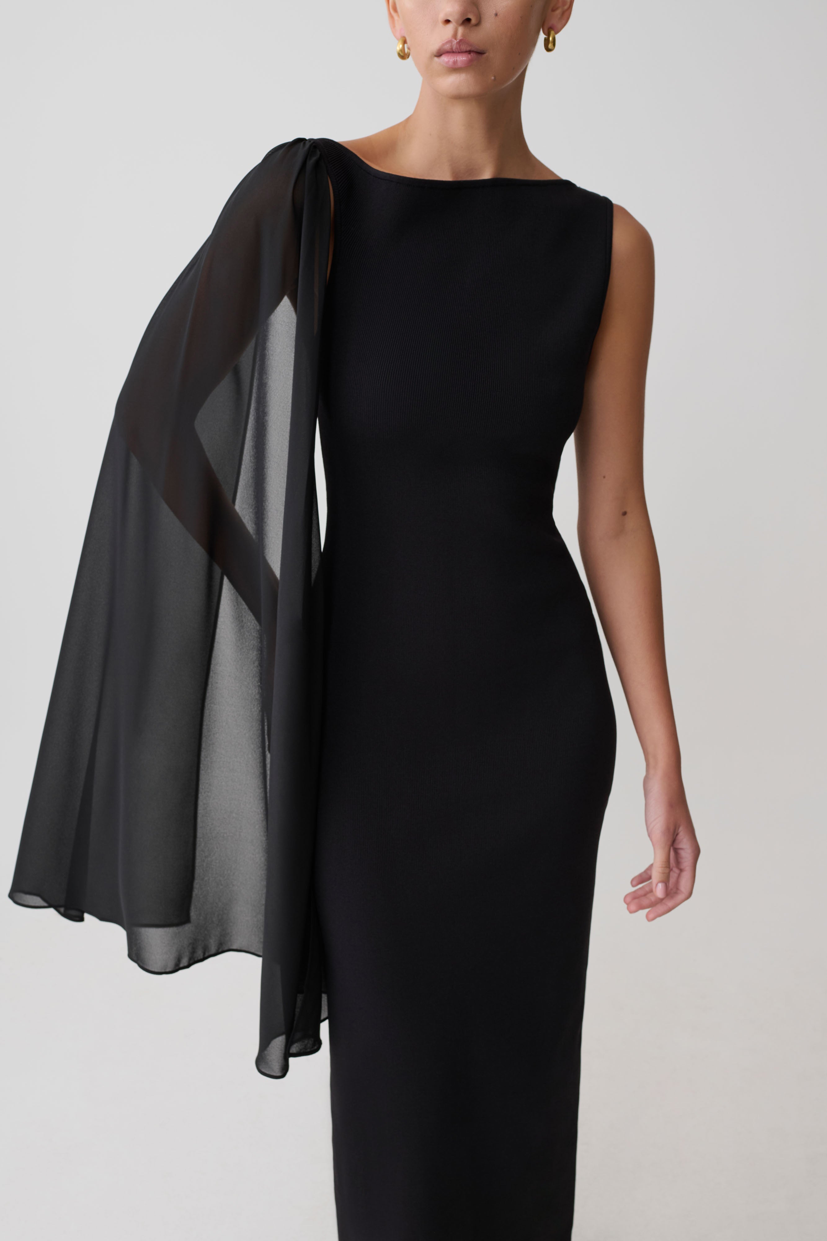 Farid Bandage Midi Dress With Chiffon - Black